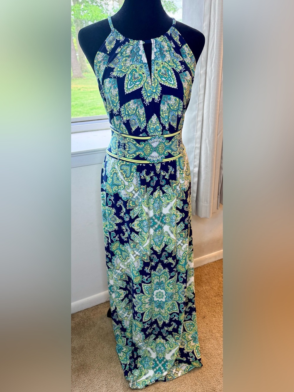 London Times chic sleeveless paisley halter maxi dress keyhole neckline 10 EUC